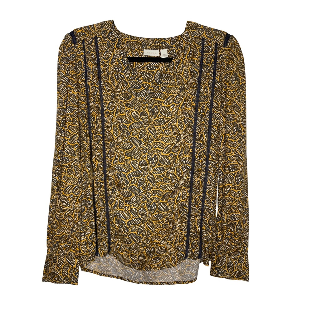 Hinge Anthropology Blouse Women‎ S Yellow Black Floral Lace Trim Peasant Career